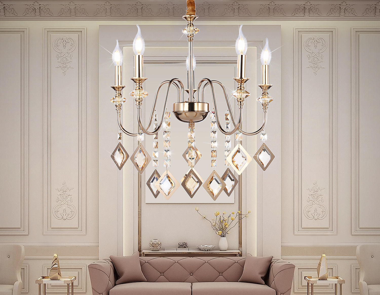 Подвесная люстра с хрусталем TR4955/5 FGD/TI золото/янтарь E14*5 max 40W D560*595