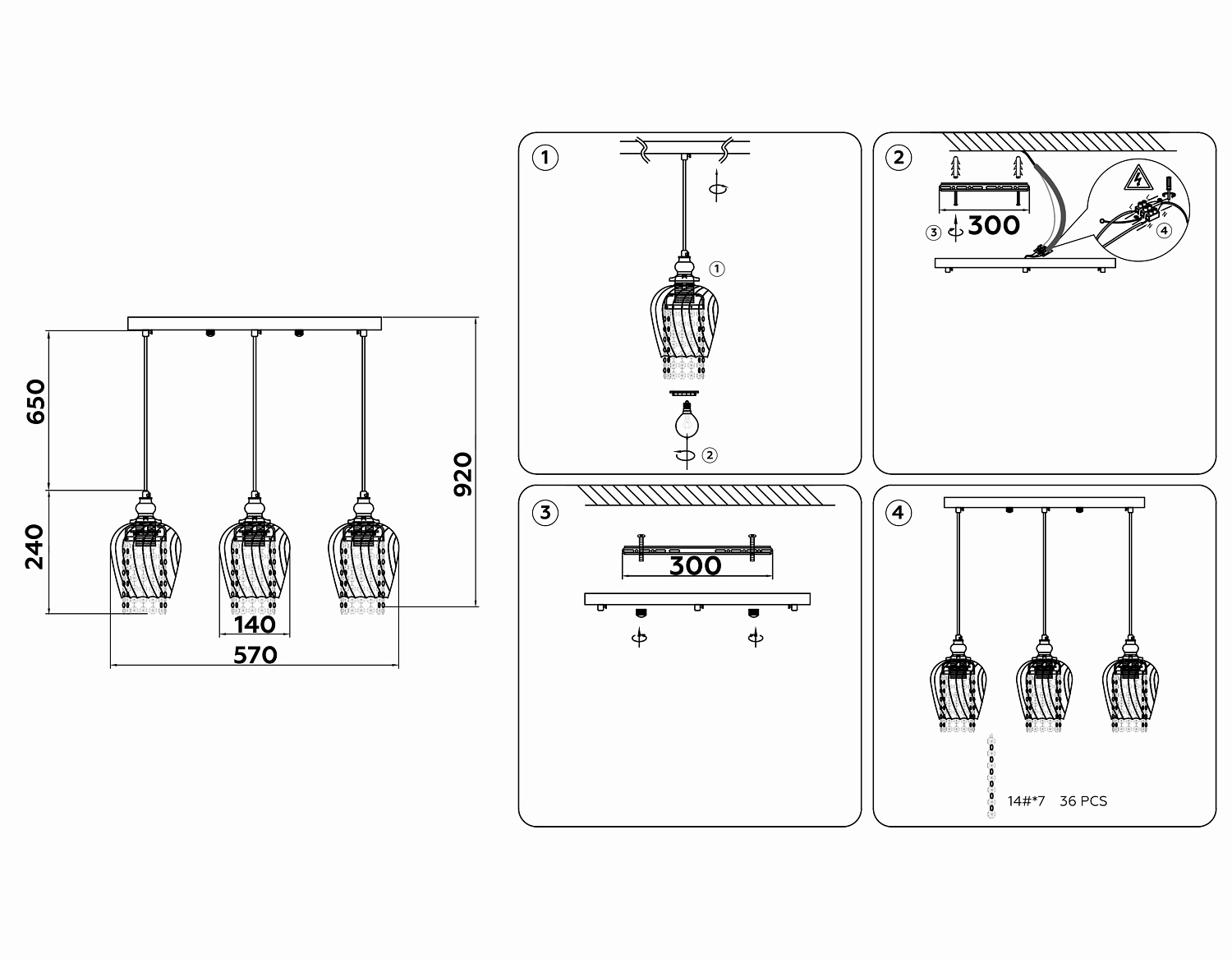 Подвесной светильник со сменной лампой TR3612/3 CH/CL хром/прозрачный E27/3 max 40W 570*140*920
