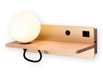 Настенный светильник с выключателем, USB портом и полкой FW520 GD/LW золото/светлое дерево G9 max 40W 280*100*125 (лампа LED G9 5W 4200K в комплекте)