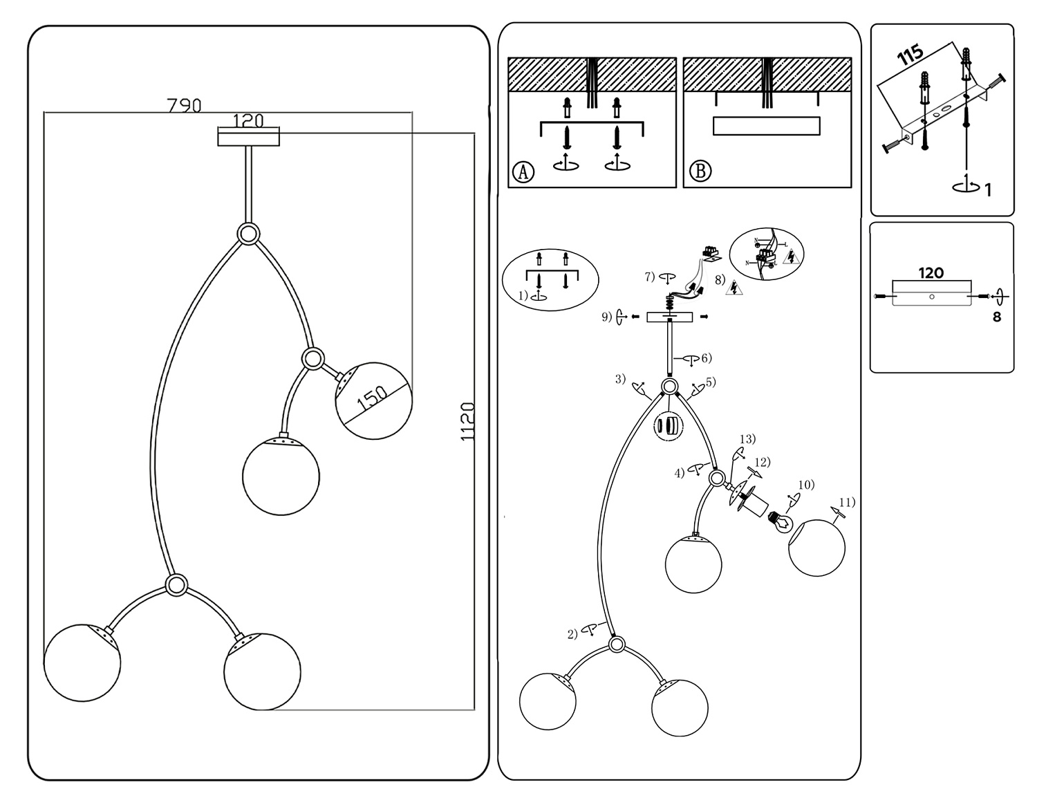 Подвесной светильник TR2572/4 WH/BK белый/черный E27/4 max 60W D790*1120