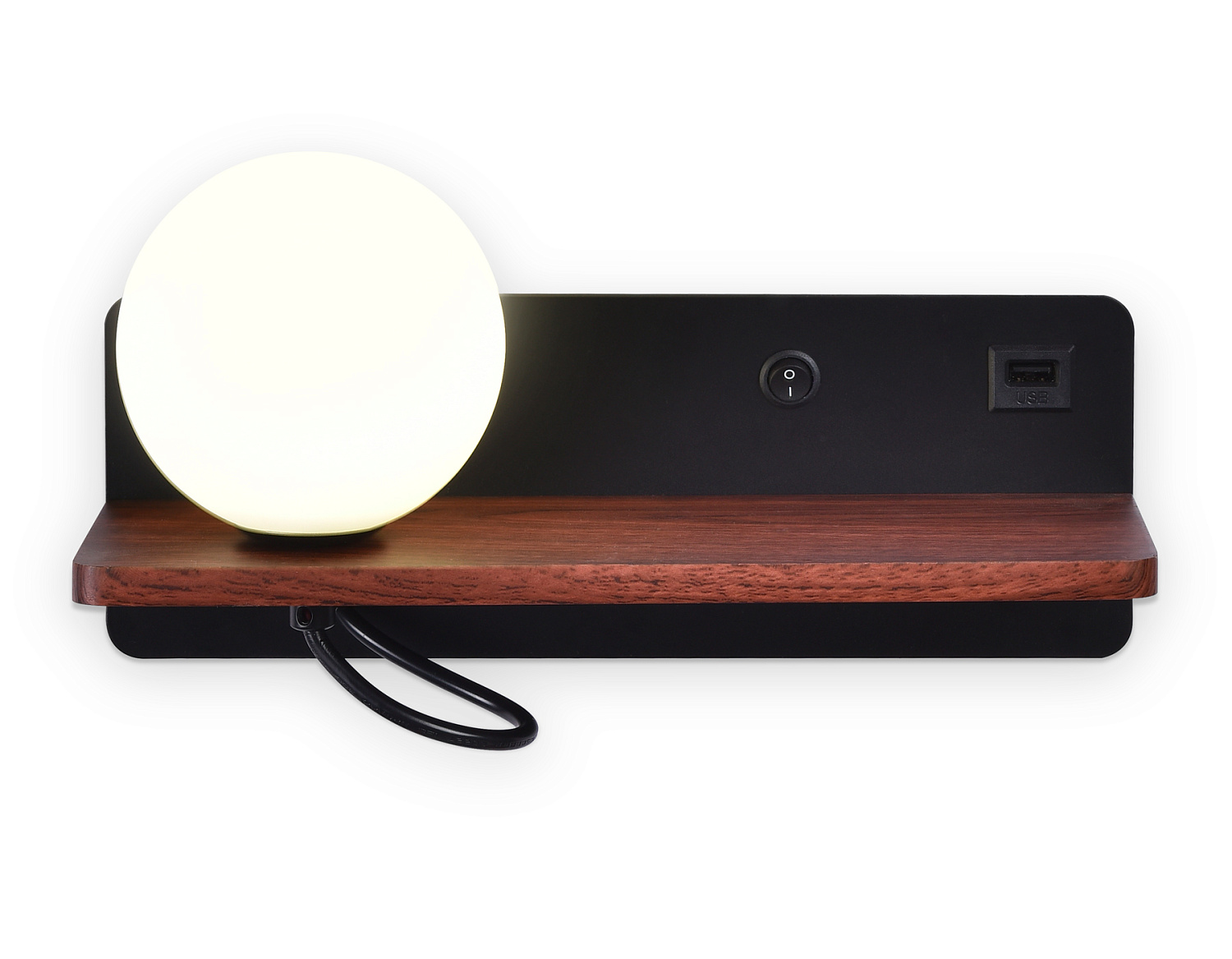 Настенный светильник с выключателем, USB портом и полкой FW521 BK/DW черный/темное дерево G9 max 40W 280*100*125 (лампа LED G9 5W 4200K в комплекте)